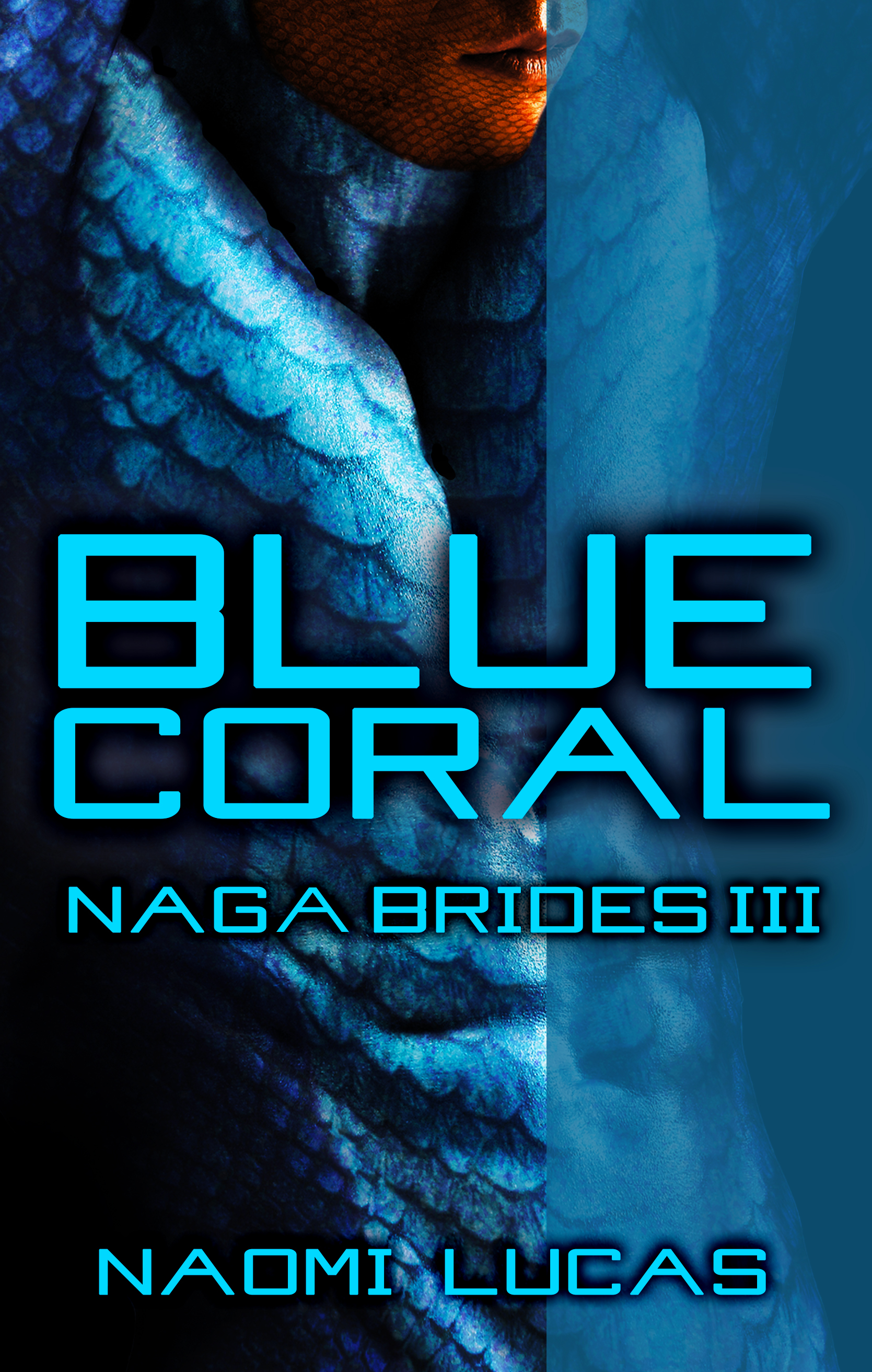 Image is the cover for Blue Coral, Naga Brides book 3. It shows a blue male torso with added snake like scales and orange head.