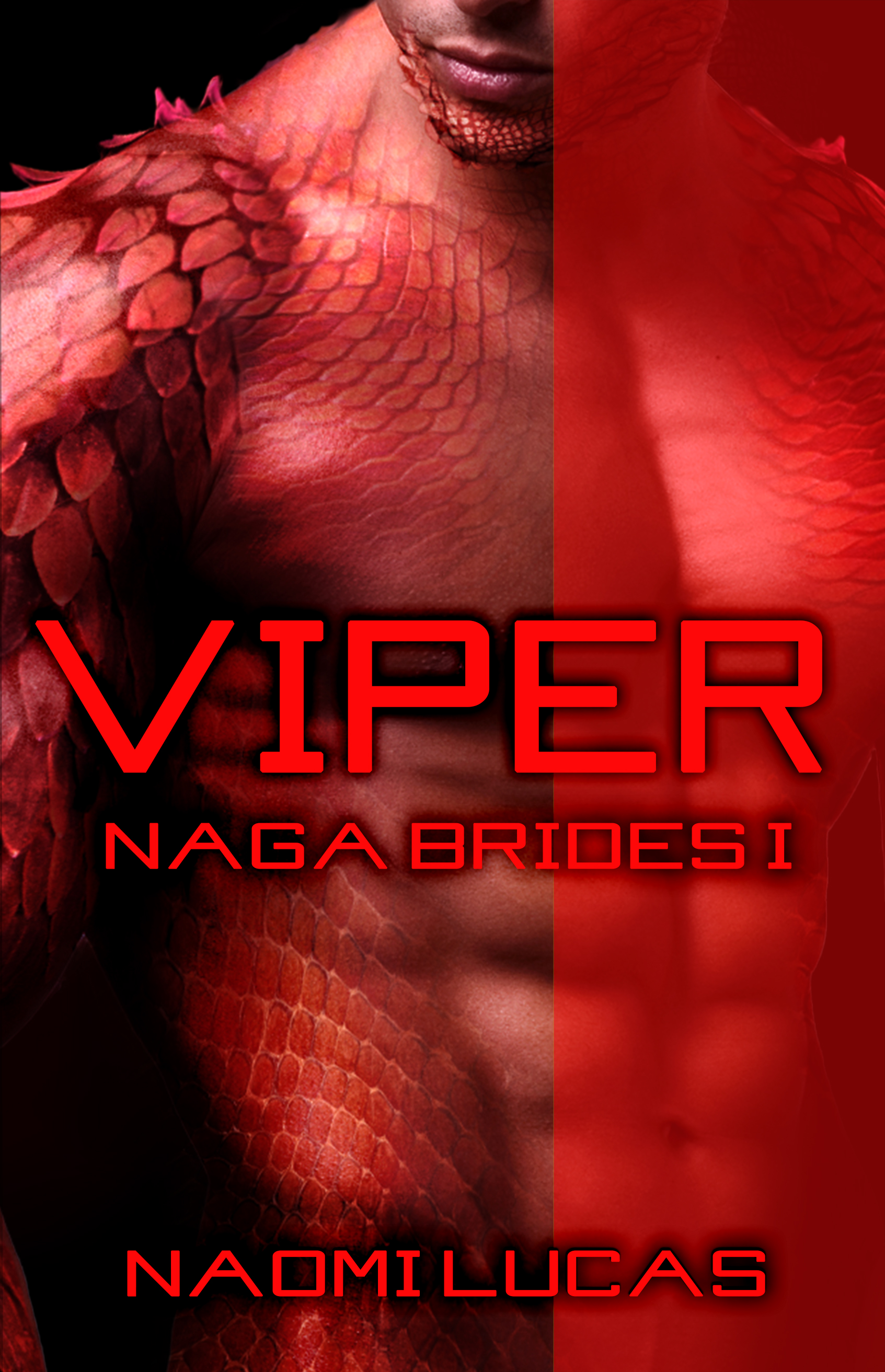 Image is the cover for Viper, Naga Brides Book 1. It shows a red human male torso with added scales like a snake.