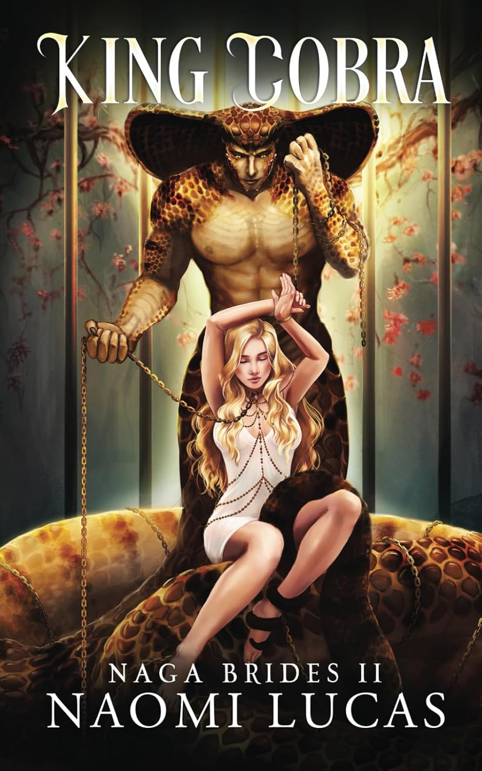 Image is the illustrated cover for King Cobra: Naga Brides Book 2. It shows a golden snake like man holding a woman in a white dress with a gold chain.
