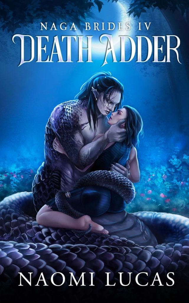 Image is the illustrated cover for Death Adder: Naga Brides book 4. It shows a snake-like man with long hair in an embrace with a woman with dark hair amongst flowers.