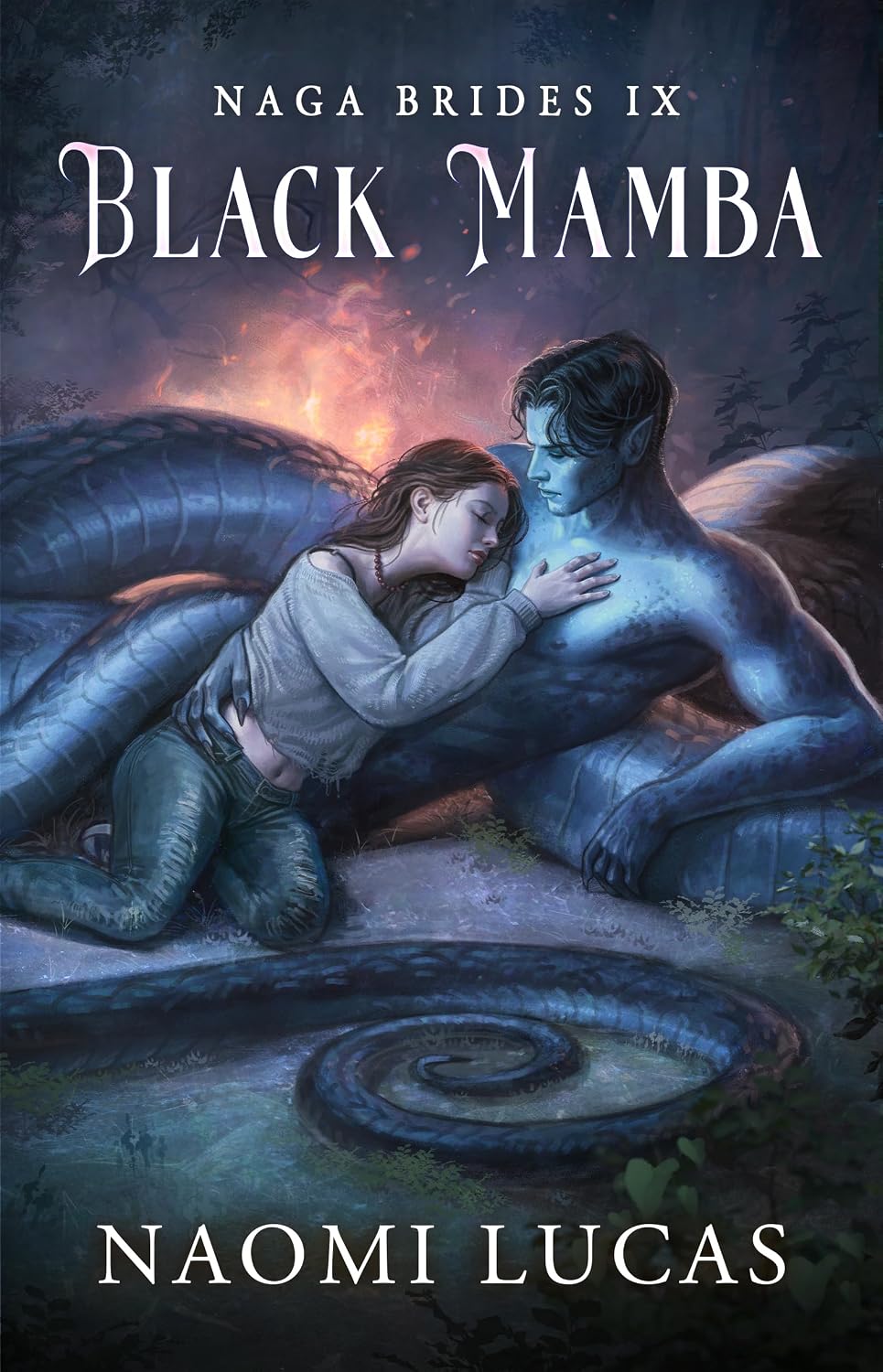 Image is the cover for Black Mamba, Naga Brides book 9. The cover shows a dark blue snake like man lying on the ground with a woman embracing him and a fire in the background.