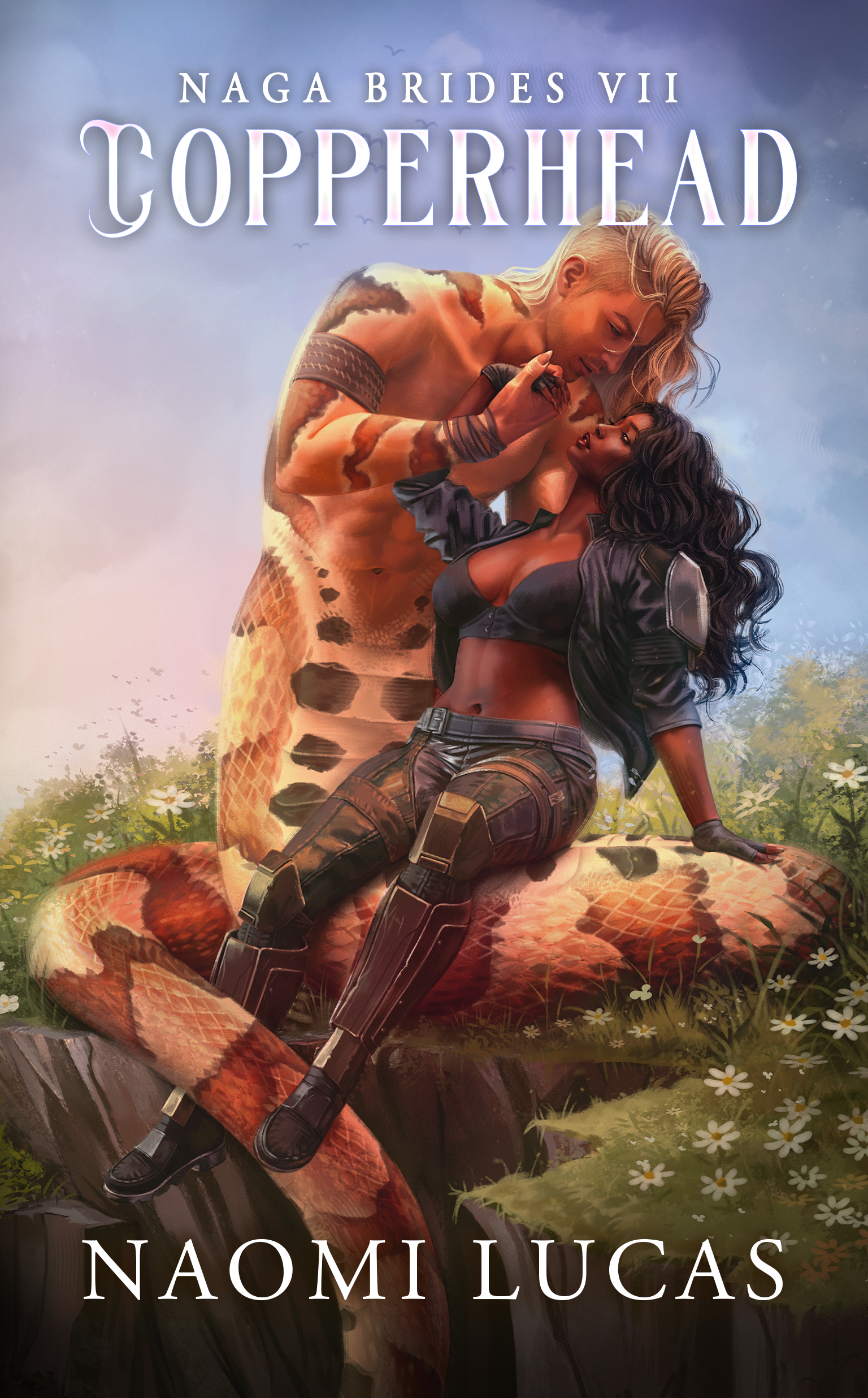 Image is the illustrated cover for Copperhead by Naomi Lucas. It shows a woman in a bra top, jacket, and pants, being held by an orange colored snake man with dark spots.