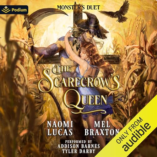 Image is the audiobook cover for The Scarecrow's Queen. It is an illustration of a scarecrow in a field with a woman in a blue dress with her arms around his neck.
