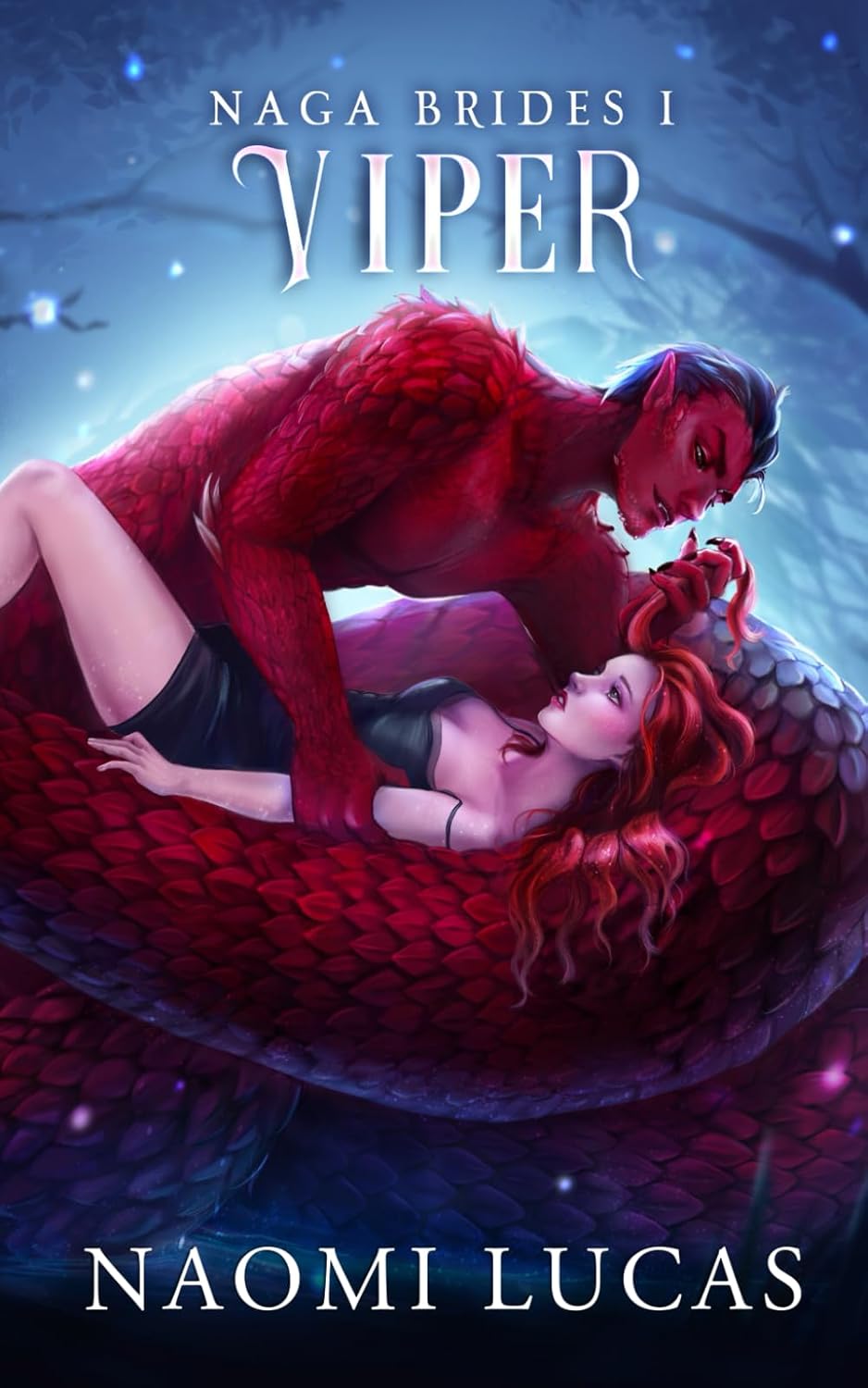 Image is the illustrated cover for Viper: Naga Brides Book 1. It shows a man with a red snake-like body wrapped around a woman with red hair wearing a black dress.