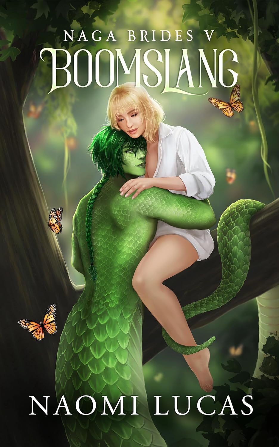 Image is the illustrated cover for Boomslang: Naga Brides 5. It shows a green, snake-like man hugging a woman in a white shirt sitting on a tree branch.