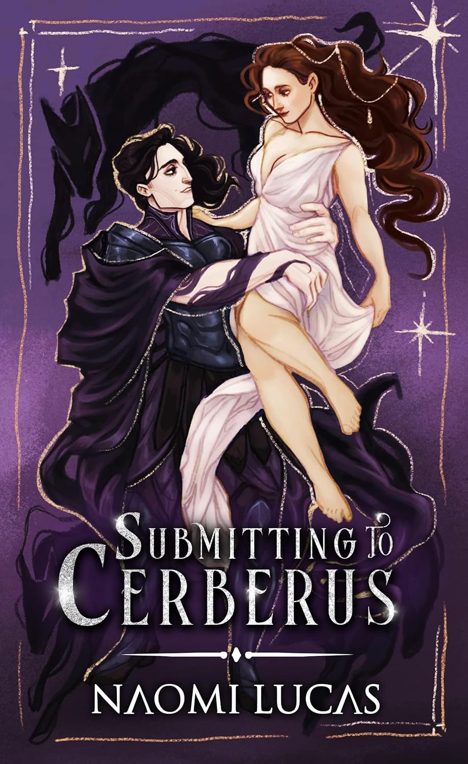 Image is the cover for Submitting to Cerberus. It is an illustration of a man in a long cloak and a woman in a pink, flowy dress in an embrace.