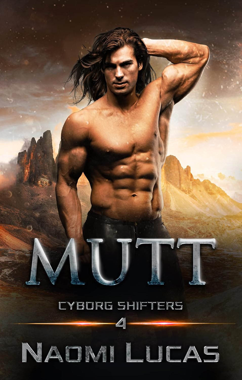 Image is the cover for Mutt: Cyborg Shifters Book 4. It shows a man standing in front of a desert looking background with long hair and dark pants.