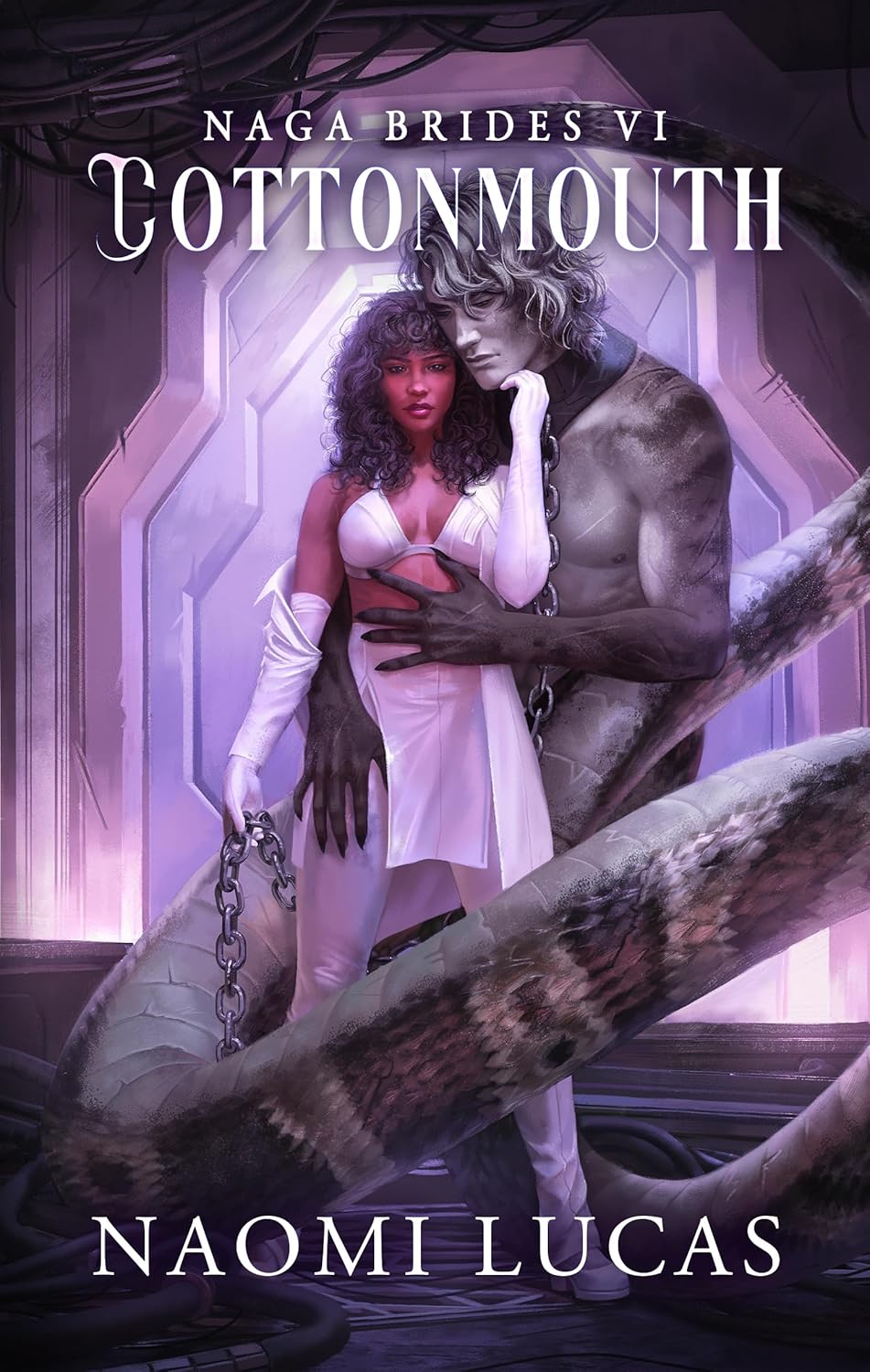 Image is the illustrated cover for Cottonmouth: Naga Brides 6. It shows a grey, purple snake like man holding a woman standing in a white outfit, holding a chain.