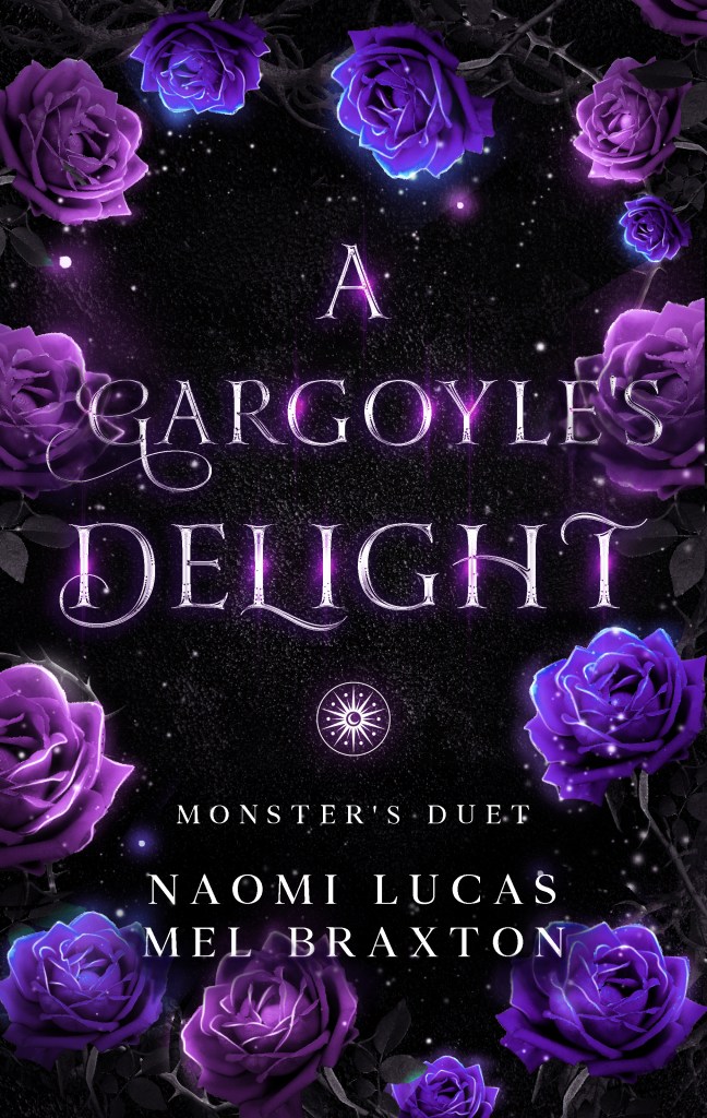 Image is the hardcover of A Gargoyle's Delight. It has a dark background with white speckles and purple flowers.