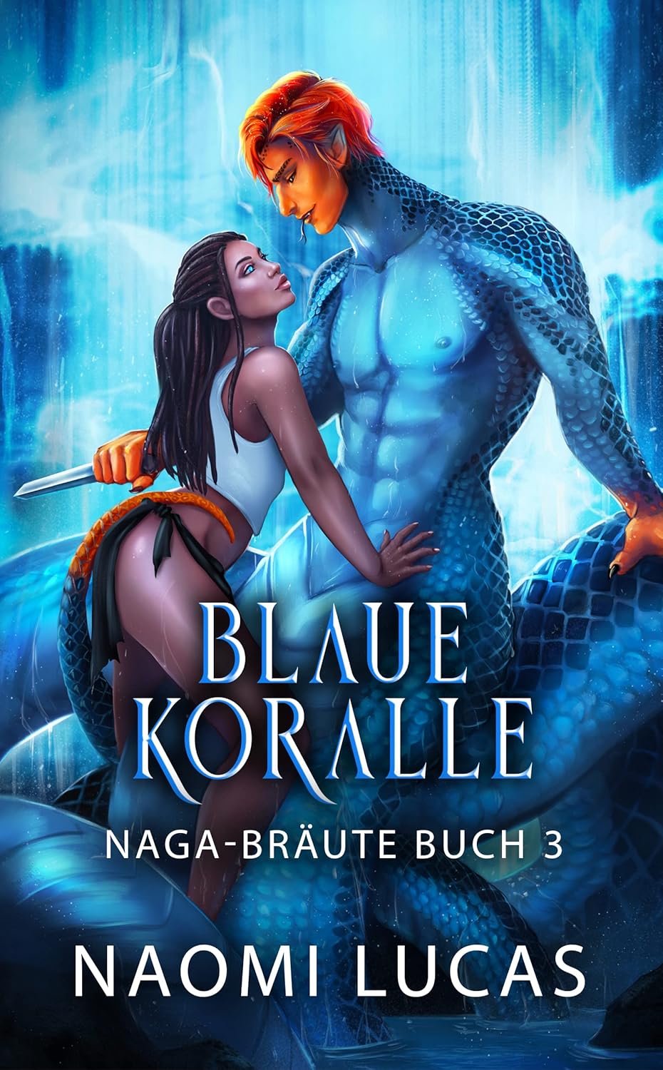 Image is the cover for the German translation of Blue Coral by Naomi Lucas. It shows a blue snake-like man with an orange face near a woman with dark long hair.