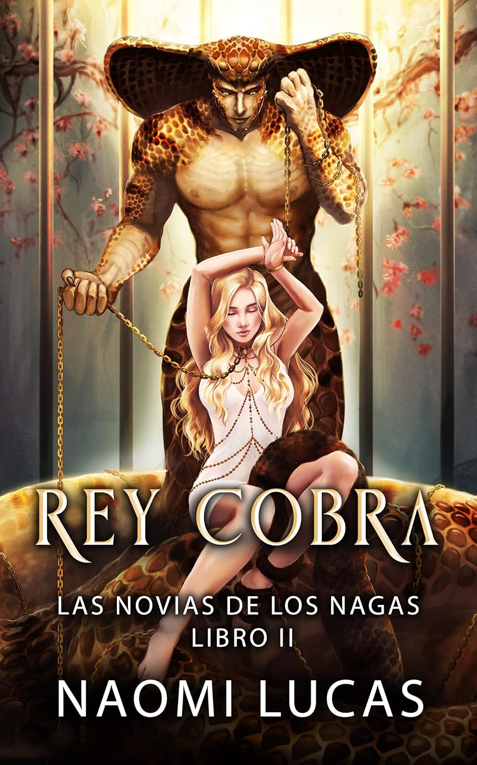 Image is the cover for the Spanish translation of Naomi Lucas' King Cobra. It shows a golden snake like man with a woman with blonde hair and a white dress in chains.