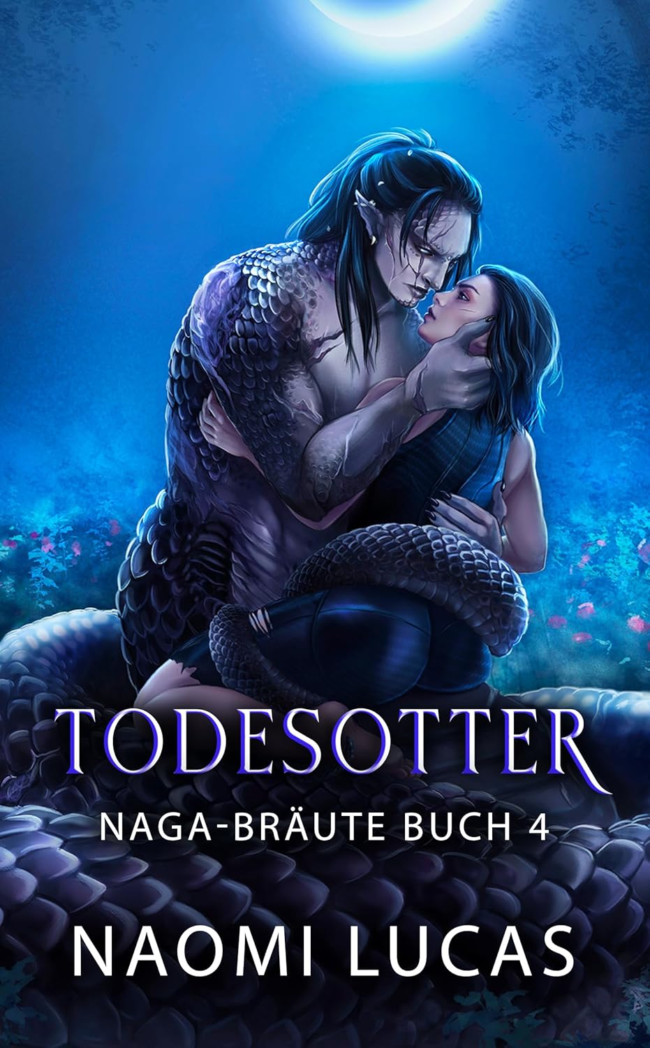Image is the cover for the German translation of Death Adder by Naomi Lucas. The illustration shows a dark purple and black snake-like man wrapped around a woman with dark hair.