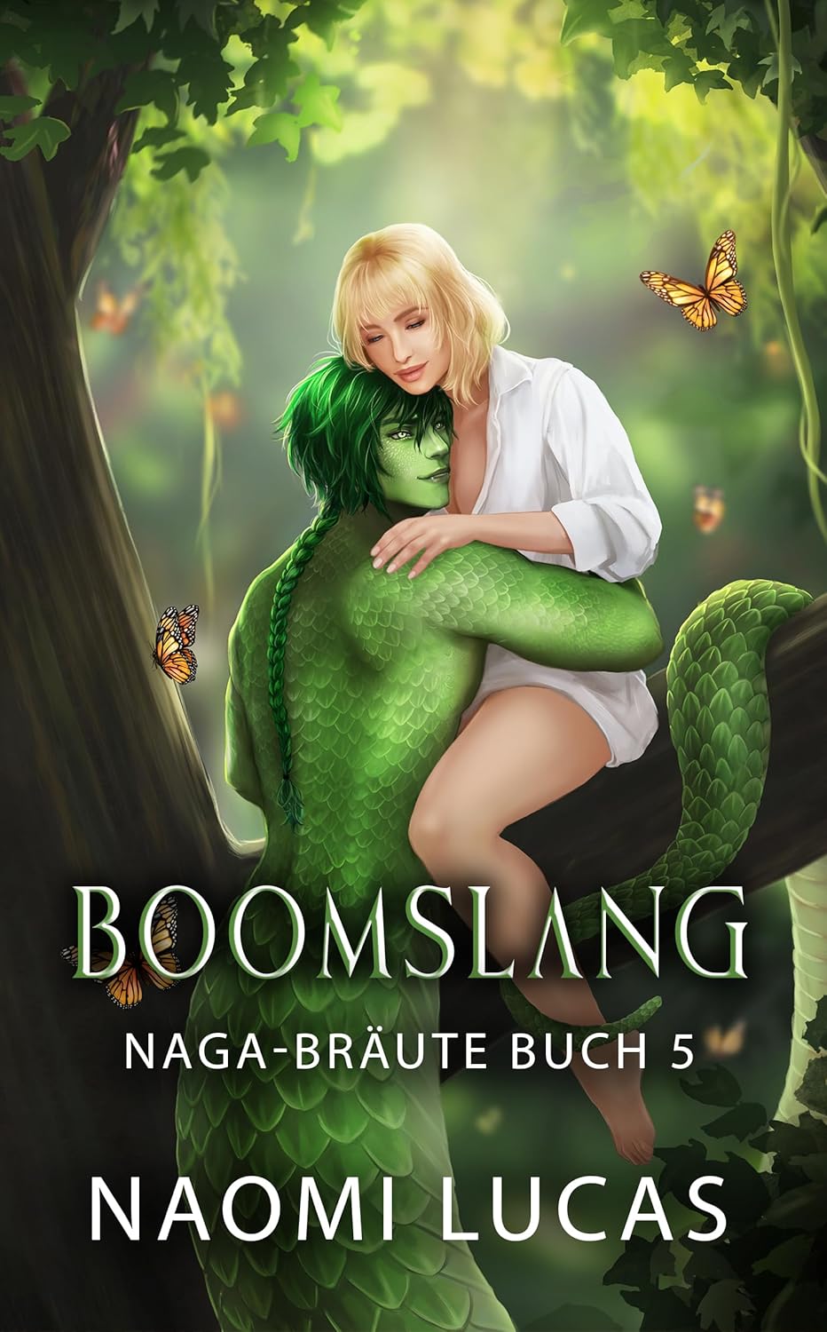 Image shows the cover for the German translation of Boomslang by Naomi Lucas. It shows a green snake-like man hugging a woman in a tree.