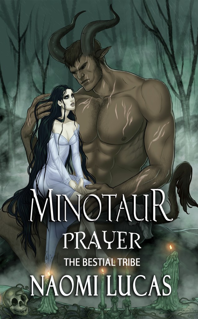 Image is the cover for Minotaur Prayer from The Bestial Tribe Series by Naomi Lucas. It shows a large Minotaur sitting in a dark forest with a woman with long dark hair and a silver dress sitting on his lap.